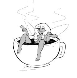 1girls bathing coffee coffee_cup dark-skinned_female dark_skin fae faerie fairy fairy_wings female fey hair_censor hair_over_breasts looking_at_viewer minigirl mochabelle_(spicymancer) original pixie small_breasts smile solo spicymancer toes twin_braids v_sign