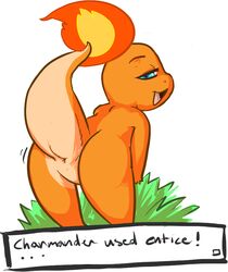 anus bent_over blue_eyes charmander classified-crud english_text fire mooning nintendo open_mouth pokémon_(species) pokemon pokemon_(species) pokemon_rgby raised_tail simple_background solo tail tail_fire teasing