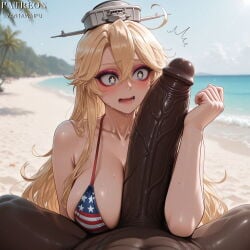 1boy 1girl ai_generated american_flag_bikini bare_shoulders beach bikini blonde_hair blue_eyes blurry blurry_background blush breasts cleavage cloud collarbone dark-skinned_male dark_skin day erection flag_print hair_between_eyes hetero huge_penis interracial iowa_(kancolle) iowa_(kantai_collection) kancolle kantai_collection large_breasts large_penis long_hair looking_at_penis makeup nude ocean open_mouth outdoors palm_tree penis penis_awe pov sand sky solo_focus star-shaped_pupils star_(symbol) sweat swimsuit symbol-shaped_pupils teeth tree uncensored vantawaifu veins veiny_penis very_dark_skin