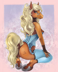 ass blonde_hair breasts ass corset equine female glasses hair hooves horse horseshoes kneeling pose solo stockings sushikitten