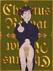 1boy big_penis_in_chastity biting black_robe brown_hair catholic catholicism chastity_cage chastity_device chastity_key chubby digital_drawing_(artwork) digital_media_(artwork) english english_text facing_viewer gold_(metal) gold_chastity_cage gold_chastity_device gold_text green_background green_eyes grinning grinning_at_viewer hairy hairy_male holding_key holding_object_between_teeth holding_object_in_mouth innocent key_between_teeth lifting_robe male male_focus male_only mindbroken mischievous_smile mons_pubis mr_shrink no_underwear obedience obedient obeying one_finger_up original original_character presenting_chastity_cage presenting_penis priest priest_robes pubic_hair pubic_mound religion religious religious_clothing religious_guilt religious_themes resisting_pleasure robe_lift showing_off_penis showing_penis smiling solo solo_focus standing
