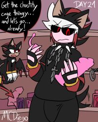 1boy ash_(ashdiary) balls boner bulge bulge_through_clothing bulge_under_clothes cage chains challenge chastity chastity_cage collar demon dialog dialogue dialogue_box dialogue_bubble dildo edgy emo emo_boy exhibition exhibitionism exhibitionist fur furry fursuit goth goth_boy male male_only mcdiego moving_tail no_nut_november oc original original_character outdoor_nudity outside public sega sex_toy shadow_the_hedgehog shadow_the_hedgehog_(cosplay) skinsuit solo sonic_(series) sonic_the_hedgehog_(series) speech speech_bubble spiked_collar tail tail_wagging text text_box text_bubble toy toys vibrator