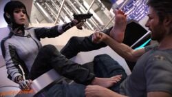 16:9 1boy 1girls absurd_res aiming_weapon barefoot beard black_hair brown_hair call_of_duty call_of_duty_black_ops_7 clothed_female clothed_male deathrayfever emma_kagan feet female femdom foot_fetish footjob_over_clothes frustrated grinding_through_clothes gun looking_at_partner lying male malesub pistol pushed_down questionable_consent resisting sitting soles source_request straight tattoo tattoos threatening torn_clothing