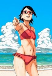 accurate_art_style accurate_body_type accurate_proportions ai_generated beach bikini bikini_bottom bikini_top boruto:_naruto_next_generations glasses masashi_kishimoto_style naruto naruto_(series) pointing sarada_uchiha ㅇㅇ