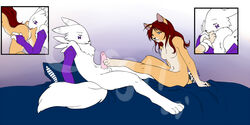 1boy 1girls anal anthro_on_anthro bed canine corgii digimon digit_(corgii) female female_anthro foot_fetish footjob fox hindpaw licking male male/female male_anthro male_anthro/female_anthro male_renamon oral paws penis plantigrade renamon renamon612 rimming straight tongue