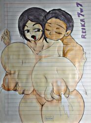 1boy 1girls areolae big_breasts black_hair brown_body brown_skin clavicle huge_boobs huge_breasts nipples nude nude_female nude_male pencil_(artwork) pussy real_person reika7w7 short_hair squeezing squeezing_breast thick_thighs thighs traditional_media_(artwork) white_skin