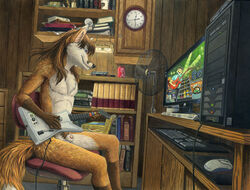 2009 anthro bedroom book brown_fur brown_hair canine casual casual_nudity chair chest_tuft clock computer computer_mouse desktop electronics fan fox fur furry_ears furry_tail game_controller gamer guitar guitar_hero hair indoors kacey keyboard long_hair male male_only mammal monitor nonsexual_nudity nude nudism nudist orange_fur pointy_ears product_placement pubic_hair sheath side_view sitting smile solo tail white_fur