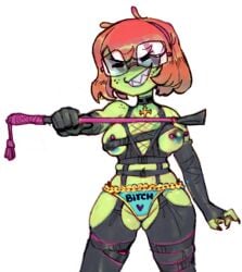 accessory antennae_(anatomy) anthro areola arm_warmers armwear barbell_piercing biped black_latex black_nails black_nipples bottomwear breasts choker closed_eyes clothing colored_nails cross eyewear female foursnail freckled_face freckled_shoulders freckles gastropod glasses green_body green_skin grin hair hair_accessory hairband holding_object holding_paddle holding_sex_toy jewelry latex latex_arm_warmers latex_armwear latex_bottomwear latex_clothing latex_topwear mollusk monotone_background nails necklace nipple_barbell nipple_piercing nipples orange_hair panties piercing pink_piercing selena_(foursnail) sex_toy sharp_nails sharp_teeth short_hair simple_background smile snail solo squish standing teal_areola teeth text text_on_clothing text_on_panties text_on_underwear thigh_squish topwear underwear wearing_glasses white_background
