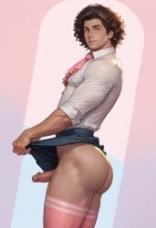 ai_generated ascot ass big_ass big_butt blue_skirt boy brown_hair bubble_ass bubble_butt clothes_lift collared_shirt from_side hazel_eyes looking_at_viewer male miniskirt nylons penis pink_thigh_socks pink_thighhighs pleated_skirt plump_ass round_ass round_butt shirt skirt skirt_lift solo stockings tallcallipygian tcallipygian thick_thighs thighhighs thighs white_shirt