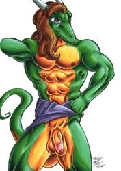 1990s 1998 1boy 20th_century balls dragon flaccid foxxfire green horns male male_only muscles nude penis scalie solo standing