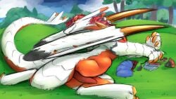 16:9 2025 belly big_belly closed_eyes day digital_drawing_(artwork) digital_media_(artwork) dragon erection genitals hi_res long_ears lying male mythological_creature mythological_scalie mythology navel on_side orange_belly outside penis plant raster_dreams scalie sharp_teeth stomach_bulge tail teeth thick_tail tree vore white_body widescreen