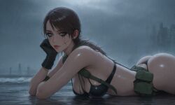 ai_generated ass bikini_top eyeshadow from_side looking_at_viewer lying_on_stomach mascara metal_gear_solid metal_gear_solid_v overcast quiet_(metal_gear) rain raining runny_makeup seductive_pose sniper storm thong utility_belt wet_clothes wet_skin