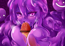 artist_request breasts censored cute_fang dark_slime fellatio goo_girl large_breasts mamono_girl_lover monster_girl monster_girl_encyclopedia oral penis purple_eyes ray_(artist) slime smile