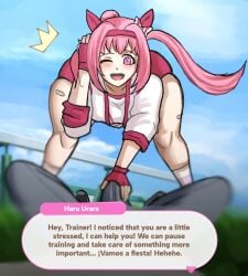 1boy 1girls blush blushing bulge bulge_through_clothing english_text erection erection_under_clothes female haru_urara_(bestest_prize)_(umamusume) haru_urara_(umamusume) horse_ears horse_girl light-skinned_female male monster_girl pink_eyes pink_hair tagme tail text theodyss trainer_(umamusume) umamusume umamusume_pretty_derby