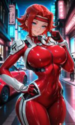 1girl 1girls ai_generated bangs biker_clothes bikesuit blue_eyes blurry blurry_background blush bodysuit breasts car code_geass commission commissions_open condom condom_wrapper covered_navel cowboy_shot gloves grin ground_vehicle hair_intakes hand_on_hip headband holding holding_condom kallen_stadtfeld large_breasts looking_at_viewer motor_vehicle night outdoors parted_bangs parted_lips patreon_username red_bodysuit red_hair self_upload shiny shiny_clothes short_hair skin_tight smile solo standing tgv9173 thighs wet