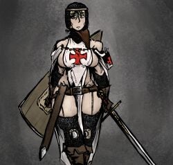 belt big_breasts big_thighs blonde_hair boots cape chainmail chainmail_coif christian_cross christianity cloak cobelat crusader exposed_shoulders female female_knight female_only gloves kite_shield knight knightess leather_belt leather_boots leather_gloves medieval medieval_armour medieval_clothing naked_apron nun serious serious_face serious_look shield sideboob skimpy skimpy_armor softcore soldier sweaty sword tabard templar thick_thighs thighhighs thighs warrior warrior_woman white_cape white_cloak white_tabard