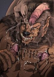 1male all_male amber_eyes beard body_fur body_hair bukkake claws color cum cum_drip cumshot erect_penis facial_hair fangs foreskin foursome gay human humanoid_penis intact kupopo long_hair_male male male_nipples male_on_male male_only mane masculine mature_male muscles muscular_male nipples nude_male orgasm pecs penis pointy_ears pubes pubic_hair retracted_foreskin uncensored uncut veiny_penis werewolf