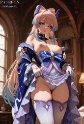 1girl ai_generated artist_name bangs bare_shoulders blue_bow blue_dress blue_eyes blue_hair blue_horns blunt_bangs blush bow bow-shaped_hair breasts breasts_out brooch cameltoe choker clothes_lift clothes_pull clothing colored_tips detached_collar detached_sleeves dress dress_lift feet_out_of_frame female frilled_sleeves frills genshin_impact gloves gradient_hair grin hair_ornament half_gloves indoors jewelry lamp large_breasts legwear lifted_by_self long_hair long_sleeves looking_at_viewer medium_breasts multicolored_hair nipples off_shoulder panties pink_hair purple_eyes sangonomiya_kokomi sidelocks skirt skirt_lift smile solo standing thighhighs thighs two-tone_hair underwear vantawaifu very_long_hair vision_(genshin_impact) white_gloves white_panties white_thighhighs wide_sleeves window