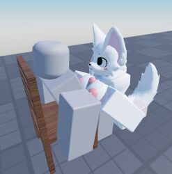 1boy 1girls 3d artist_request baseplate boobjob boykisser breasts chair furry gray_penis grey_skin nipples paizuri penis roblox robloxian tagme white_fur wolf_ears