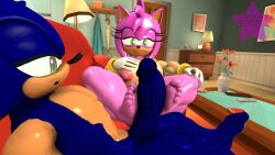1boy 3d 3d_(artwork) amy_rose anthro anthro_female anthro_male_on_anthro_female anthro_on_anthro anthro_only areola areolae big_breasts blue_fur bracelet bracelets cabinet coaster completely_nude completely_nude_female cup drawer eyelashes flowers footjob green_eyes green_hair handwear handwear_only hedgehog hedgehog_boy hedgehog_ears hedgehog_girl jacket lamppost maxdistortion open_mouth outercourse pink_fur sega sitting_down sonic_(series) sonic_the_hedgehog sonic_the_hedgehog_(series) table tan_body umbrella vase
