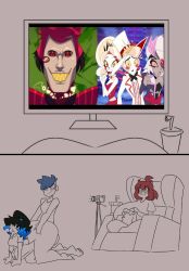 1futa 3girls abdominal_bulge ahoge alastor_(hazbin_hotel) ambiguous_penetration angel big_boobs big_breasts black_hair blue_hair boobs boss_(thelittlenerdys) breasts brown_hair camera_view charlie_morningstar_(hazbin_hotel) clothing eating eli_(skaler2) fallen_angel futanari glasses hazbin_hotel hellaverse huge_boobs huge_breasts lucifer_morningstar_(hazbin_hotel) luna_(thelittlenerdys) meme meme_in_the_background meme_reference nerd nerdy nerdy_female partially_clothed popcorn pov recording recording_sex recording_video seraph sex short_hair simple_background sitting skaler2 sofa spoilers television tied_hair tomboy twitter_user_sona two-tone_hair vaggi_(hazbin_hotel) vaggie_(hazbin_hotel)