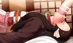 1boy 1boy1girl 1girls animated blush censored deepthroat demon_slayer fellatio heavy_blush huge_cock kamado_nezuko long_hair lying_on_bed mizumizuni monster_cock nezuko_kamado penis throat_fuck x-ray