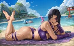 1boy 2025 2d 2d_(artwork) 2girls artist_signature background_characters beach bikini black_hair blue_eyes butterfly cleavage day detailed_background feet female female_focus fish japanese japanese_architecture japanese_female jeff_the_land_shark laying_down light-skinned_female light_skin looking_at_viewer luna_snow luna_snow_(cool_summer) luna_snow_(marvel_rivals) male mark_on_face marvel marvel_comics marvel_rivals mirco_cabbia on_front paag pinup psylocke psylocke_(sai) psylocke_(sai)_(vengeance) purple_bikini questionable sciamano240 sea seaside sheath solo_focus summer torii x-men