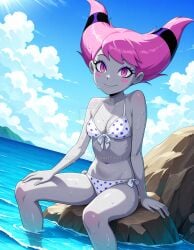 2025 ai_generated beach_background belly black_dot_eyes cartoon_network closed_mouth_smile dc deviantart deviantart_link deviantart_logo deviantart_username elryusam eyebrows_visible_through_hair female female_only hand_on_knee hand_on_rock jinx_(dc) legs_on_water looking_at_viewer medium_hair obnoxious_watermark pink_blush pink_eyebrows pink_eyes_female pink_hair_female polka_dot_bikini purple_hairclip rocks sea_background sitting_on_rock smile_at_viewer smiling_at_viewer teen_titans teenage_girl tummy warner_bros._animation watermark web_address wet_body wet_face wet_hair wet_head