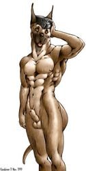 1990s 1999 1boy 20th_century anthro balls canine fur furry great_dane hat karabiner male male_only military muscles nazi nude pose sheath solo tail yellow_eyes