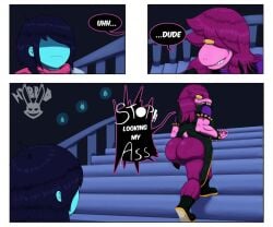 2025 6:5 absurd_res angry anthro artist_logo artist_name artist_signature ass big_ass big_butt biped blue_body blue_skin bracelet clothed clothed_anthro clothed_female clothed_human clothed_male clothing colored comic dat_ass deltarune dialogue duo english_text eyebrow_through_hair eyebrows fat_ass female footwear frown hair hair_over_eyes hi_res huge_ass huge_butt human i_put_the_new_forgis_on_the_jeep jewelry kris_(deltarune) large_ass large_butt logo long_hair looking_at_another looking_back male male/female mammal muscular muscular_arms profanity purple_body purple_hair scalie shaded shoes spiked_bracelet spikes stairs standing susie_(deltarune) talking_to_another text translucent translucent_hair undertale_(series) unimpressed walking yelling yellow_sclera