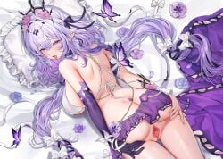 armpit_crease back bare_shoulders bed bikini black_tiara blush bow breasts bug butterfly butterfly_earrings castorice_(honkai:_star_rail) chinese_commentary commentary_request dakimakura_(medium) earrings elbow_gloves english_commentary female flower from_behind gloves hair_between_eyes hair_flower hair_intakes hair_ornament hairbow hands_on_own_ass highres honkai:_star_rail honkai_(series) jewelry large_breasts long_hair looking_at_viewer looking_back machi_(machi0910) median_furrow miniskirt mixed-language_commentary no_panties on_bed open_mouth paid_reward_available pillow pink_flower pointy_ears purple_bow purple_butterfly purple_eyes purple_gloves purple_hair purple_skirt pussy shoulder_blades sidelocks single_elbow_glove skirt solo spread_pussy spreading_own_pussy sweat swimsuit thighs tiara tongue tongue_out twitter_username uncensored upper_body white_bikini