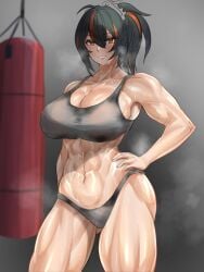 1girls abs black_hair breasts brown_eyes hoyoverse large_breasts metal_hairband multicolored_hair muscular muscular_female navel punching_bag red_highlights steam streaked_hair sweat teaindian zenless_zone_zero zhu_yuan