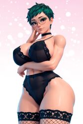 1girls 3d 3d_(artwork) abby_(oc) abs ai ai_generated bangs big_ass big_breasts busty glasses lingerie midriff pixie_cut radnsad short_hair solo solo_female solo_focus thick_thighs toned_female