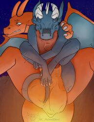 absurd_res animal_genitalia anthro aroused balls big_balls big_penis bodily_fluids charizard claws clenched_teeth digital_media_(artwork) dragon drooling duo erection european_mythology feet fellatio fingers generation_1_pokemon genital_fluids genitals hc_hybriddave hi_res holding_another horn hugging_penis lemy looking_pleasured male male/male male_penetrated male_penetrating male_penetrating_male membrane_(anatomy) membranous_wings mythological_creature mythological_scalie mythology nintendo nude on_top on_top_of_another oral oral_penetration orange_body outside outside_sex penetration penile penis pokemon pokemon_(species) reptile saliva scalie sex sheath size_difference sky squirming star starry_sky tail teeth tongue tongue_out western_dragon wings