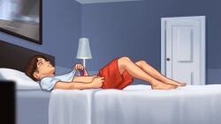 1boy 2d 2d_(artwork) bed bed_sheet bedroom darkcookie digital_drawing_(artwork) digital_media_(artwork) holding_panties light-skinned_male light_skin main_character_(summertime_saga) male panties summertime_saga teenager underwear