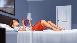 1boy 2d 2d_(artwork) bed bed_sheet bedroom darkcookie digital_drawing_(artwork) digital_media_(artwork) holding_panties light-skinned_male light_skin main_character_(summertime_saga) male panties summertime_saga teenager underwear