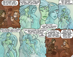 bar blonde_hair blue_hair breasts comic female fingering funny grope hair hat kissing long_hair male masturbation necklace ocean oglaf shell siren star table tavern water wave yuri