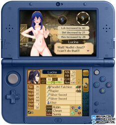 1girls 3d armpits ass_visible_through_thighs bare_arms bare_shoulders bare_thighs blue_eyes blue_hair blush box brand_of_the_exalt breasts character_profile class_change collarbone completely_nude edit elixir english_text falchion_(fire_emblem) fefreak726 female female_only female_pubic_hair femsub fire_emblem fire_emblem_awakening gameplay_mechanics hair_between_eyes humiliation indoors long_hair looking_down lucina_(fire_emblem) map medium_breasts menu navel new_3ds new_nintendo_3ds nintendo nintendo_3ds nipples nude nude_female nudist open_mouth pixel_art potion pubic_hair shocked shoulders solo standing stats stomach surprised sword symbol-shaped_pupils text thighs tiara uncensored weapon wide_eyed