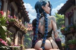 1boy 1boy1girl 1girls ai_generated arcane arm_tattoo artist_name ass asymmetrical_bangs back_tattoo bare_shoulders blue_hair braid building cloud day female flower from_behind gloves hi_res house jinx_(league_of_legends) league_of_legends long_hair looking_back makeup netflix outdoors penis plant potted_plant progenarts riot_games shoulder_tattoo sitting sky solo_focus straight tattoo tree twin_braids uncensored very_long_hair