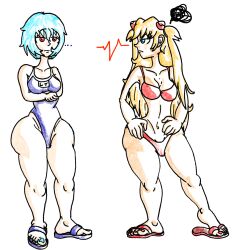 2d annoyed asuka_langley_sohryu bikini blue_eyes blue_hair feet flip_flops jb74 nail_polish neon_genesis_evangelion no_nude one-piece_swimsuit painted_toenails red_eyes red_hair rei_ayanami sandals slides swimsuit thick_thighs