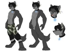 anthro black_hair blue_eyes camo canine closed_eyes collar feathers fur furry glowing hair jailbird male male_only model_sheet nodin nude piercing sheath solo tongue wolf