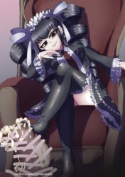 2021 black_hair black_legwear celestia_ludenberg censored censored_penis cum danganronpa danganronpa:_trigger_happy_havoc danganronpa_1 ejaculation feet foot_fetish footjob frill frills goth goth_girl gothic gothic_lolita gradient_background humiliation looking_at_viewer red_eyes rinjin throne