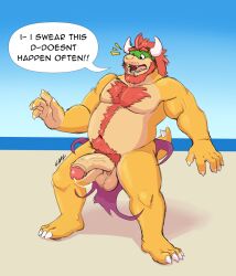 anthro bara barazoku beach beard big_penis bodily_fluids body_hair bowser bowser_day chest_hair claws clothing english_text facial_hair genital_fluids genitals hairy hi_res humanoid koopa male male_only mario_(series) musclegut nintendo penis precum pubes scalie seaside solo spiked_tail spikes spikes_(anatomy) strawberry_saal surprised_expression text video_games wardrobe_malfunction