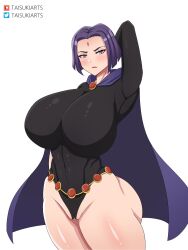 1girls alternate_body_type alternate_breast_size arm_behind_head big_breasts breasts busty curvaceous curvy curvy_body curvy_female curvy_figure dc dc_comics enormous_breasts female female_focus hand_behind_head huge_breasts large_breasts purple_hair rachel_roth raven_(dc) short_hair taisukiart teen_titans thick_thighs thighs tight_clothing voluptuous