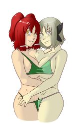 bikini cleavage conjoined fasen_(doodledowd) grey_hair idolmonkeh large_breasts maki_(mixedkori) merging red_hair short_hair transparent_background twintails yuri