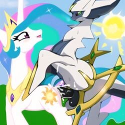 2023 absurd_res alicorn arceus bodily_fluids female friendship_is_magic from_behind hasbro highres horrible_ai horsecock legendary_pokémon legendary_pokemon male/female my_little_pony penetration pokemon princess_celestia_(mlp) sex straight sun