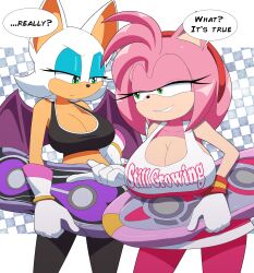 amy_rose anthro big_breasts breast_envy breasts chiropteran cleavage clothed clothing duo eulipotyphlan extreme_gear female gloves green_eyes handwear hedgehog hi_res huge_breasts kojiro-brushard large_breasts mammal rouge_the_bat sega sonic_(series) sonic_free_riders sonic_riders sonic_the_hedgehog_(series) text_on_clothing