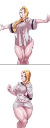 1girls 2020 blonde_hair blue_eyes breasts hidden_curves hilde_(nisego) large_breasts nisego original ripped_clothing shirt_tighten_meme slim_waist t-shirt t-shirt/pajamas_challenge thick_thighs undercut white_background