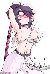 1girls big_breasts black_hair breasts cypher_05 glasses katana kson_onair nipples ripped_clothing sarashi virtual_youtuber vshojo vtuber