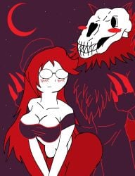 1girls ass ass_on_crotch beanie big_ass big_butt black_beanie black_bra black_eyes blood_moon blush bonewolf_(terato_tamer) claws cleavage digital_media_(artwork) fanart female female_human/male_monster first_porn_of_character fur glasses long_hair long_red_hair monster red_claws red_hair red_moon red_pants sharp_teeth skull_head stephanie_(terato_tamer) suggestive suggestive_gesture terato_tamer teratophilia white_skin